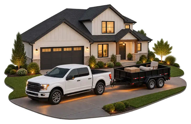 White pickup truck towing a loaded utility trailer in the driveway of a home.