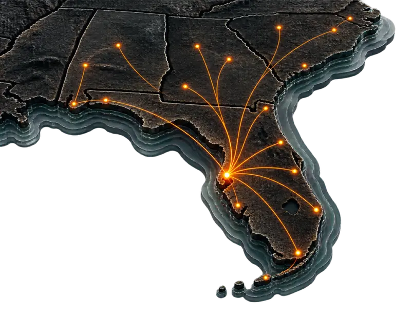3D relief map of the southeastern United States with orange routes radiating from a hub at Tampa Bay.