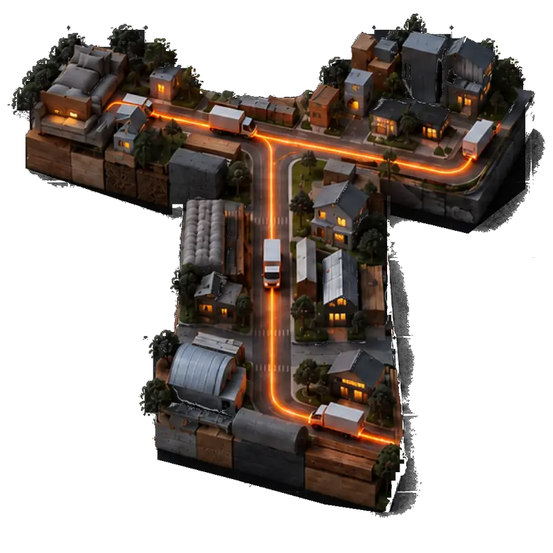 Abstract 3D neighborhood built from reclaimed materials, with orange-lit roads and junk removal trucks forming a T-shaped local driver network.